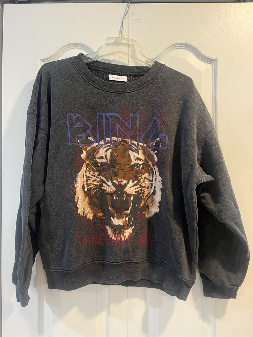 Anine Bing Distressed Charcoal Black Crewneck Sweatshirt with Tiger Graphic